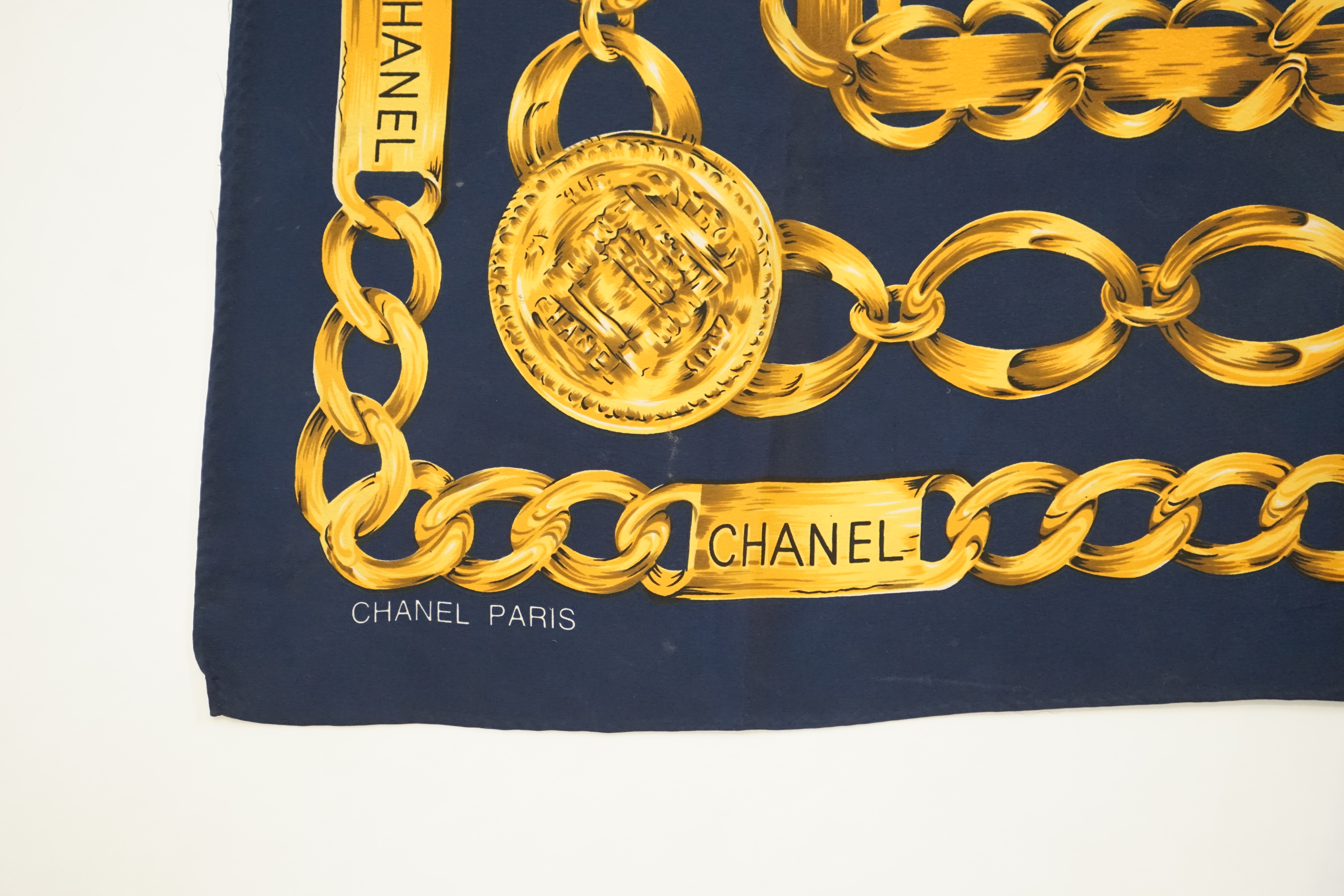A Chanel Blue Chain large silk scarf, 80cm x 80cm
